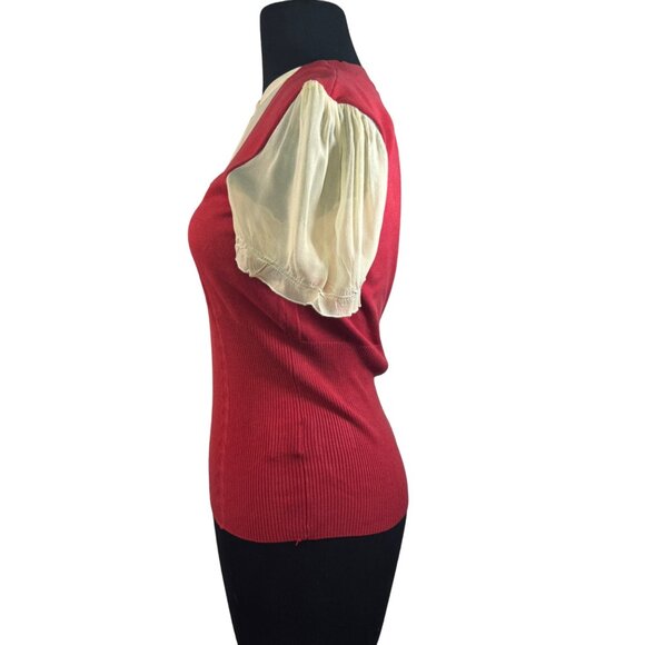 Worthington Women's Size Medium Red Knit Top With Sheer Sleeves & Button Accents - Picture 3 of 7